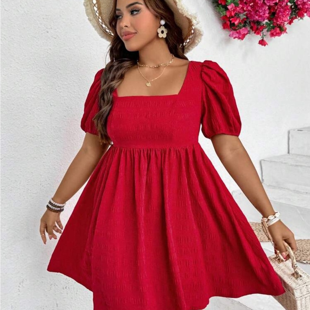 Elegant Red Puff Sleeve Dress